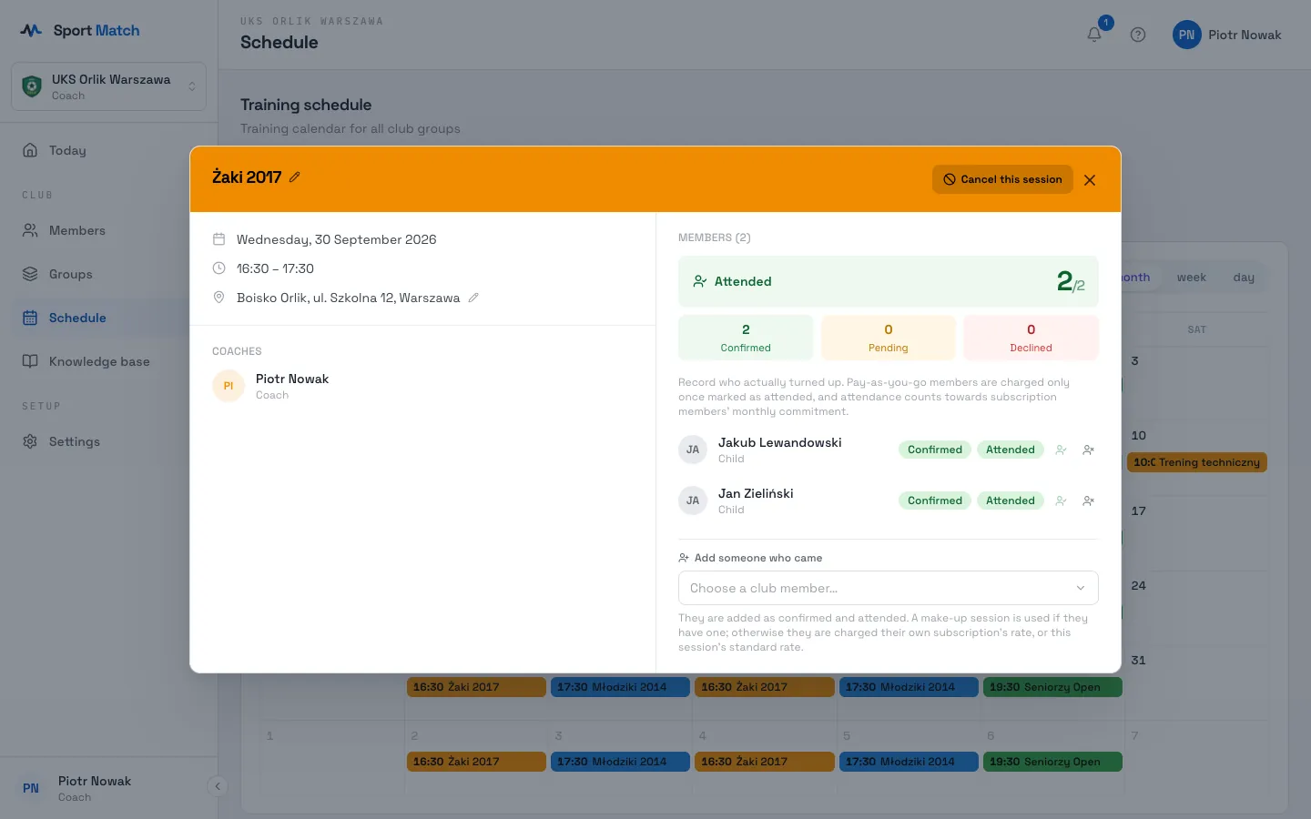 Sport Match screenshot: In the open session, below the attendee list, find Add someone who came (before the start: Add someone who’s coming).
