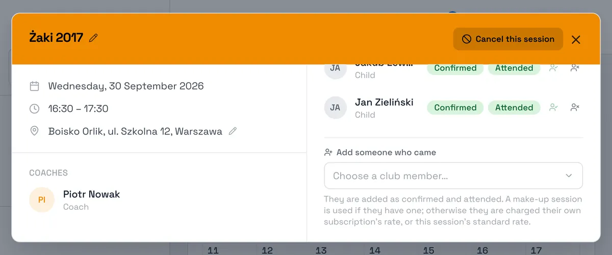 Sport Match screenshot: In the open session, below the attendee list, find Add someone who came (before the start: Add someone who’s coming).