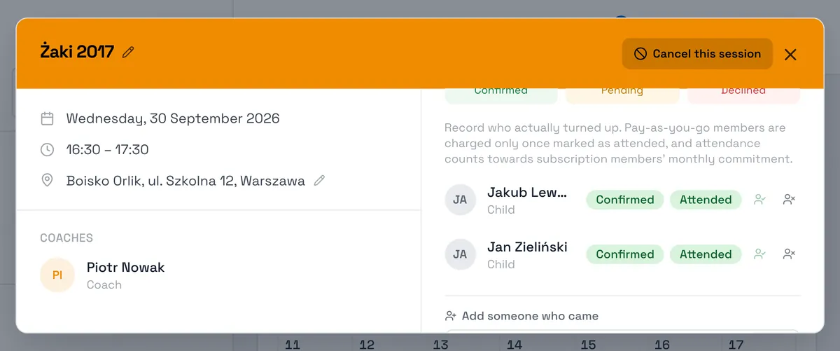 Sport Match screenshot: Next to each player click Mark as attended or Mark as absent. Attended or Did not attend appears by their name, with a counter of who was there at the top.