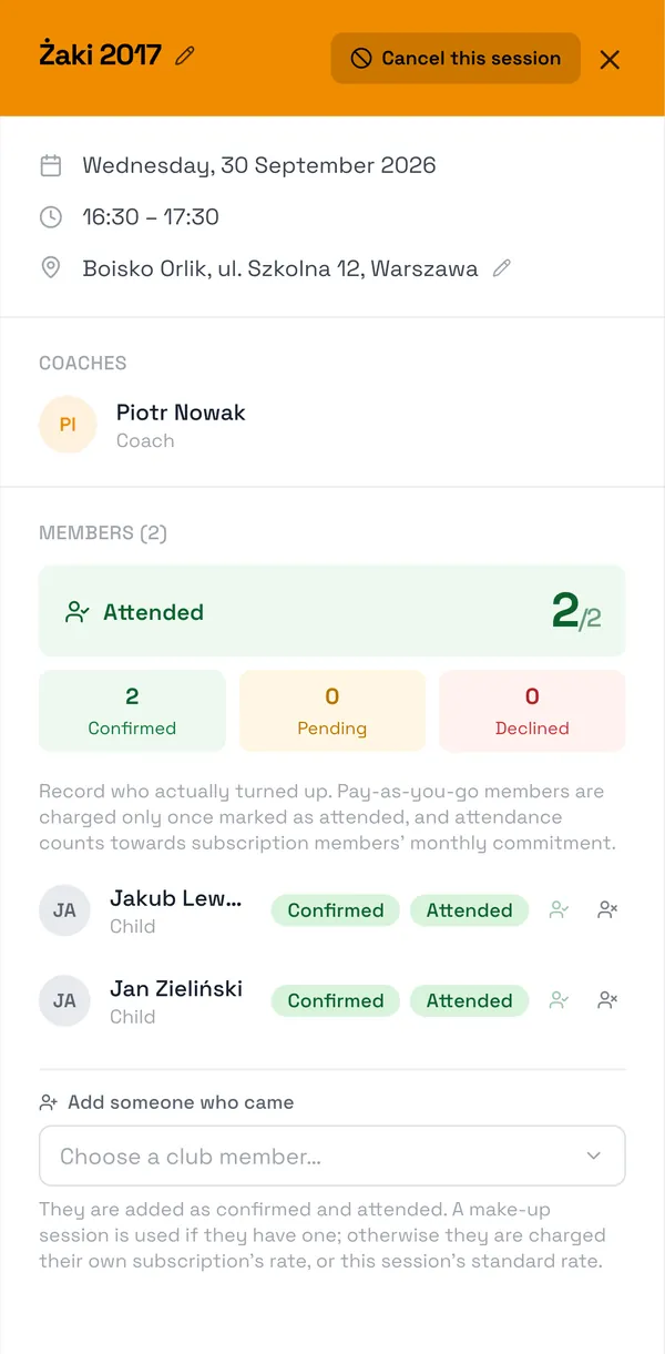 Sport Match screenshot: Next to each player click Mark as attended or Mark as absent. Attended or Did not attend appears by their name, with a counter of who was there at the top.