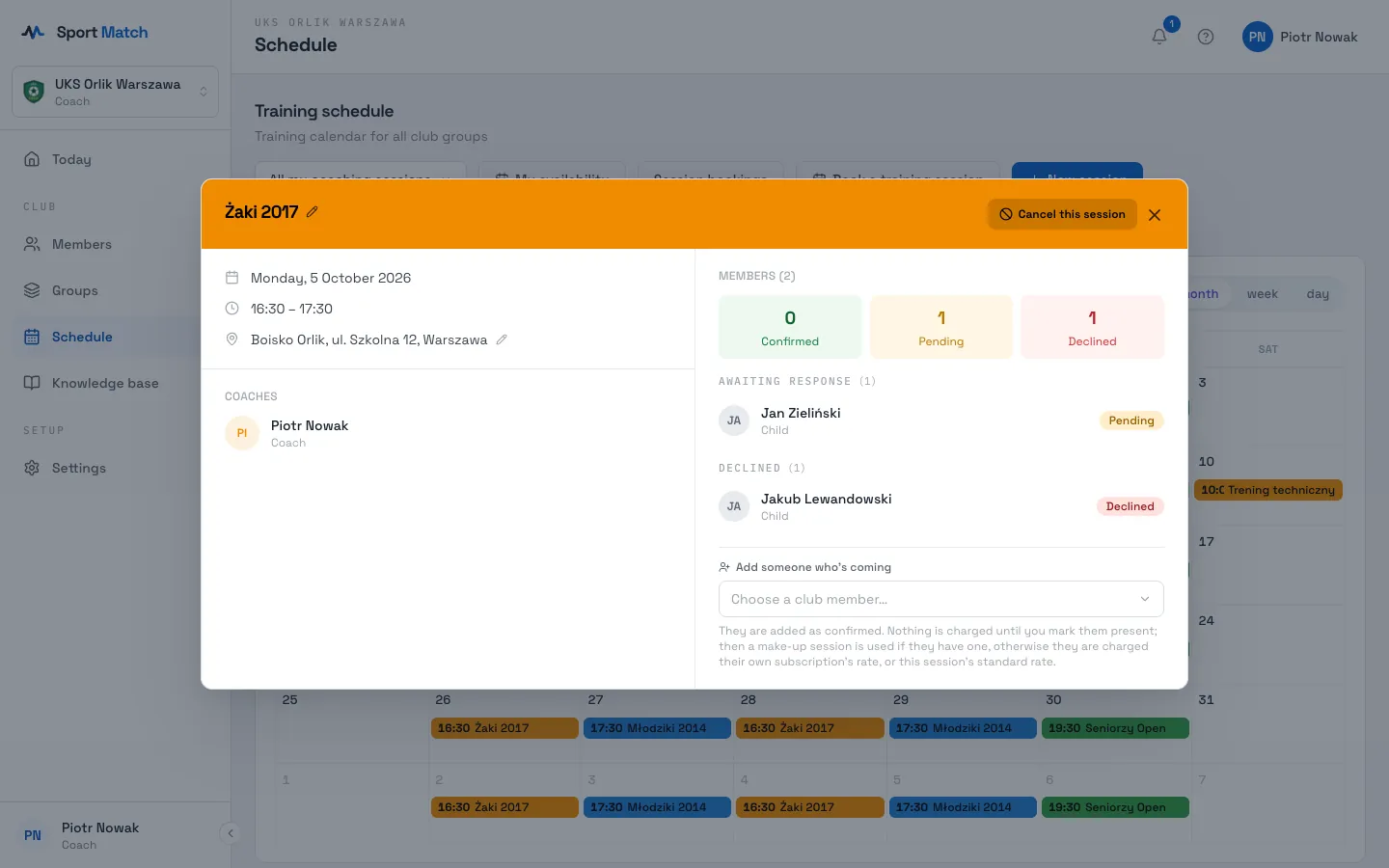 Sport Match screenshot: An upcoming session: one player hasn’t answered, one declined.