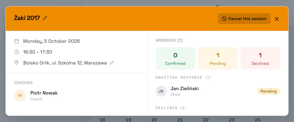 Sport Match screenshot: An upcoming session: one player hasn’t answered, one declined.