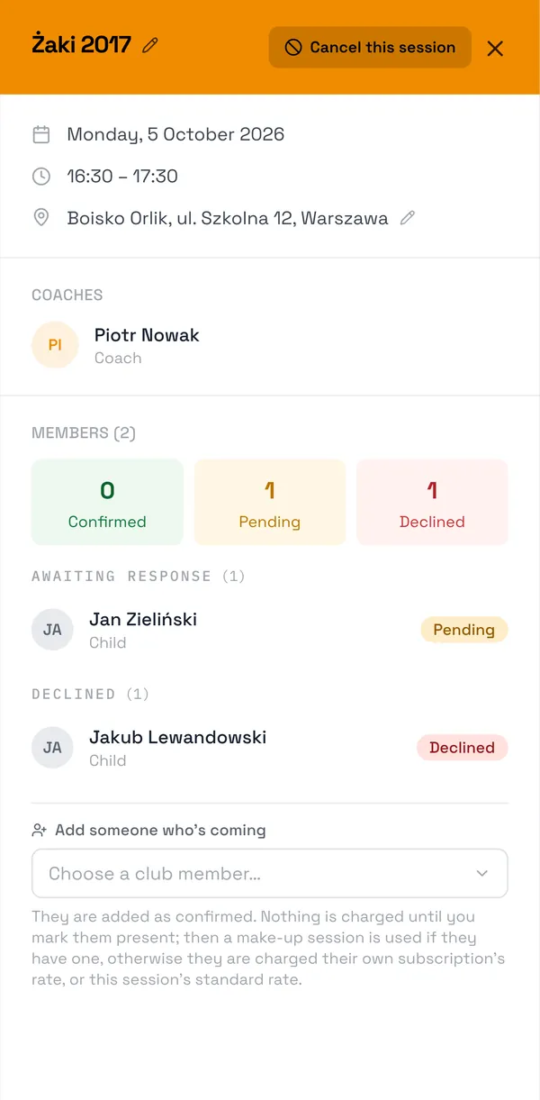 Sport Match screenshot: An upcoming session: one player hasn’t answered, one declined.