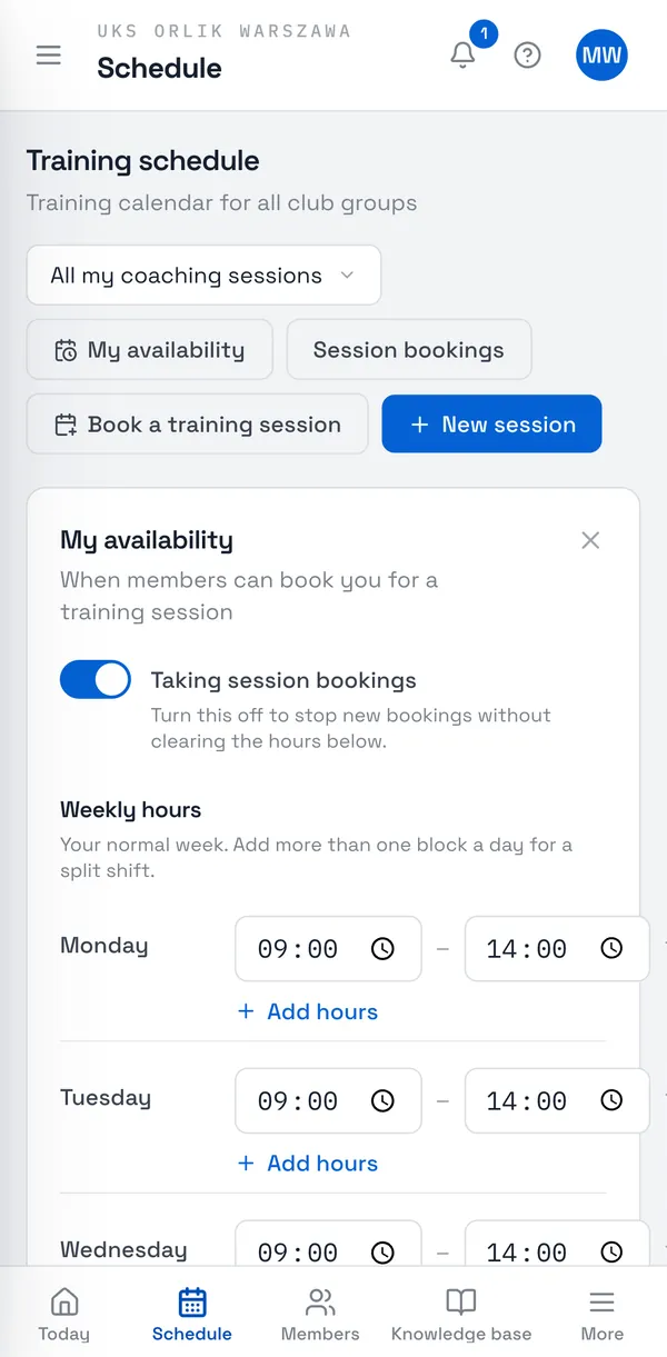 Sport Match screenshot: Turn on Taking session bookings. Turning it off pauses new bookings without clearing your hours.