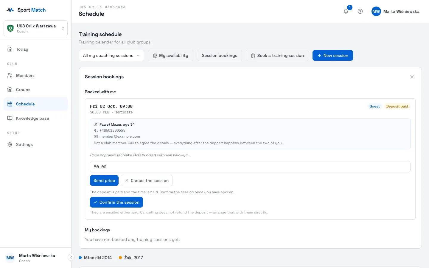 Sport Match screenshot: A guest’s booking with the deposit paid, waiting for the coach to confirm.