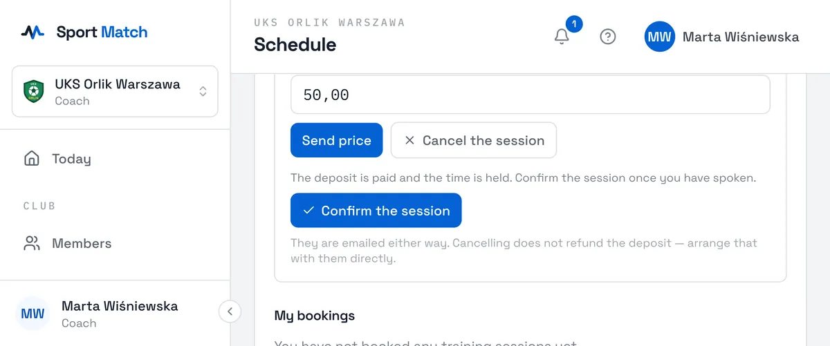 Sport Match screenshot: A guest’s booking with the deposit paid, waiting for the coach to confirm.