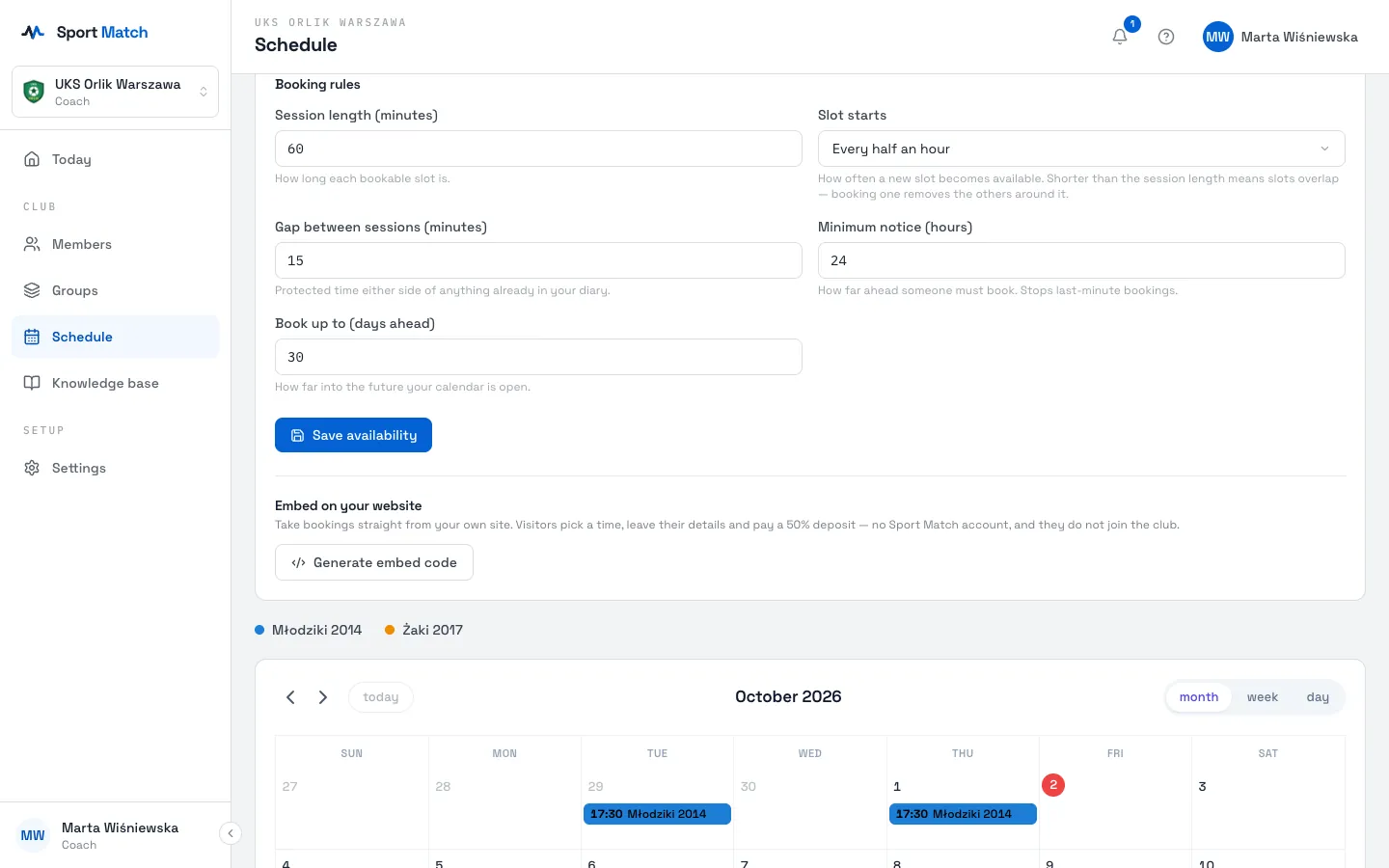 Sport Match screenshot: Booking rules.