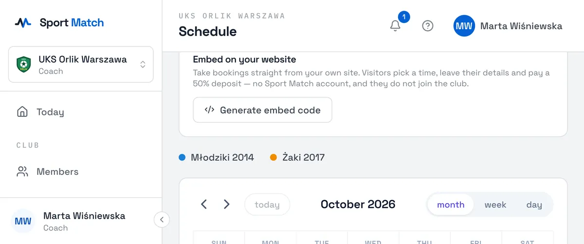 Sport Match screenshot: Click Copy code and paste it into your site’s editor (as an HTML block). Preview the widget shows what it looks like.