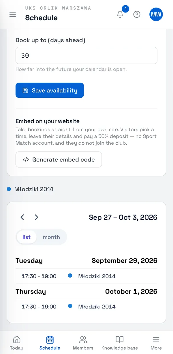 Sport Match screenshot: Click Copy code and paste it into your site’s editor (as an HTML block). Preview the widget shows what it looks like.