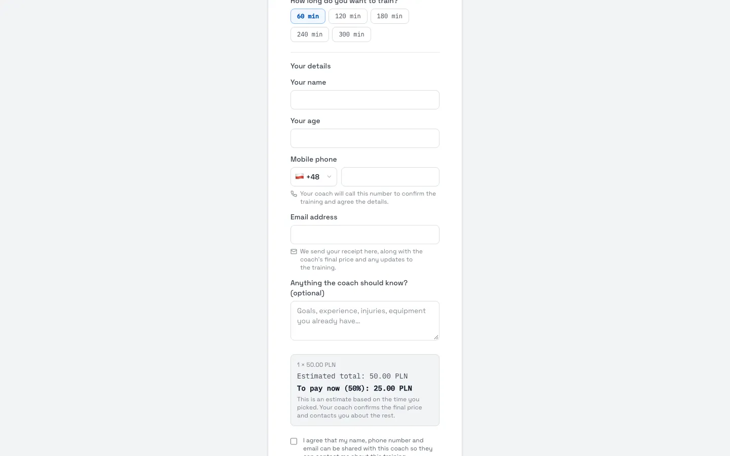 Sport Match screenshot: Under Your details they give their name, age, mobile number and email, optionally a note for you, and agree to their details being shared with you.