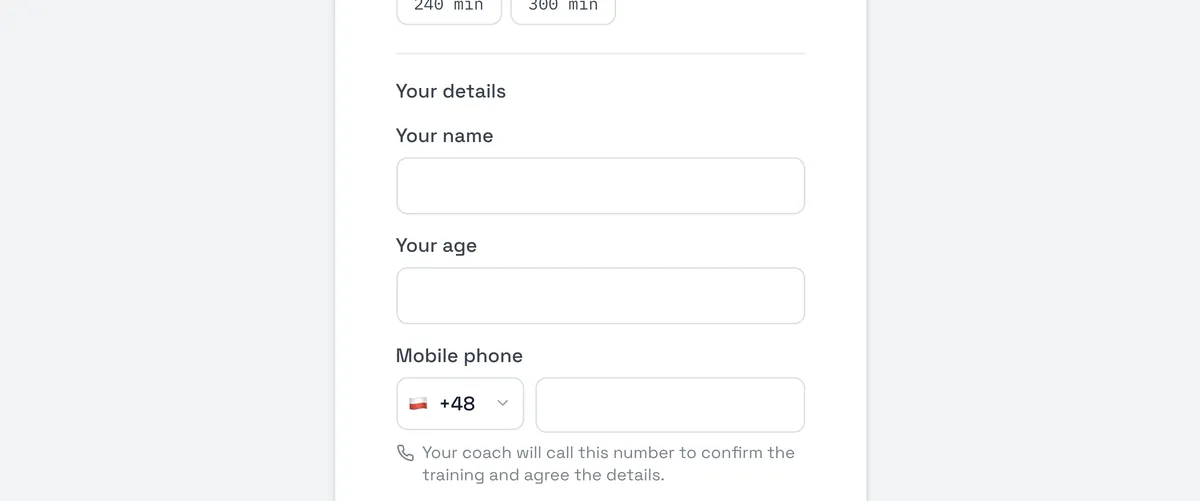 Sport Match screenshot: Under Your details they give their name, age, mobile number and email, optionally a note for you, and agree to their details being shared with you.