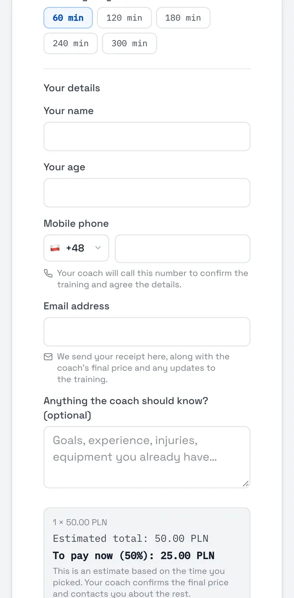 Sport Match screenshot: Under Your details they give their name, age, mobile number and email, optionally a note for you, and agree to their details being shared with you.