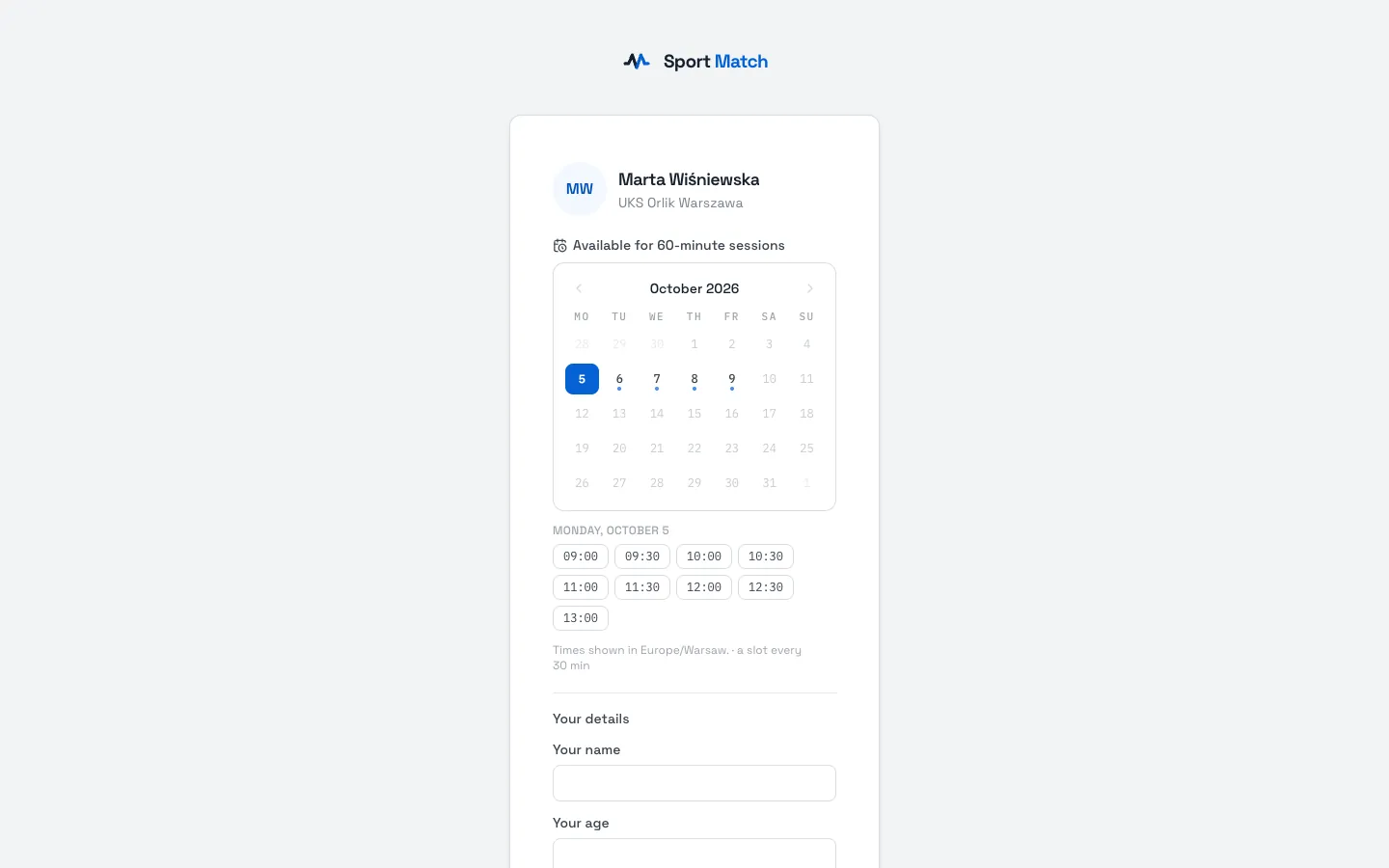 Sport Match screenshot: The widget shows your free times for the next two weeks. The visitor picks a day, a time and how long they want to train.