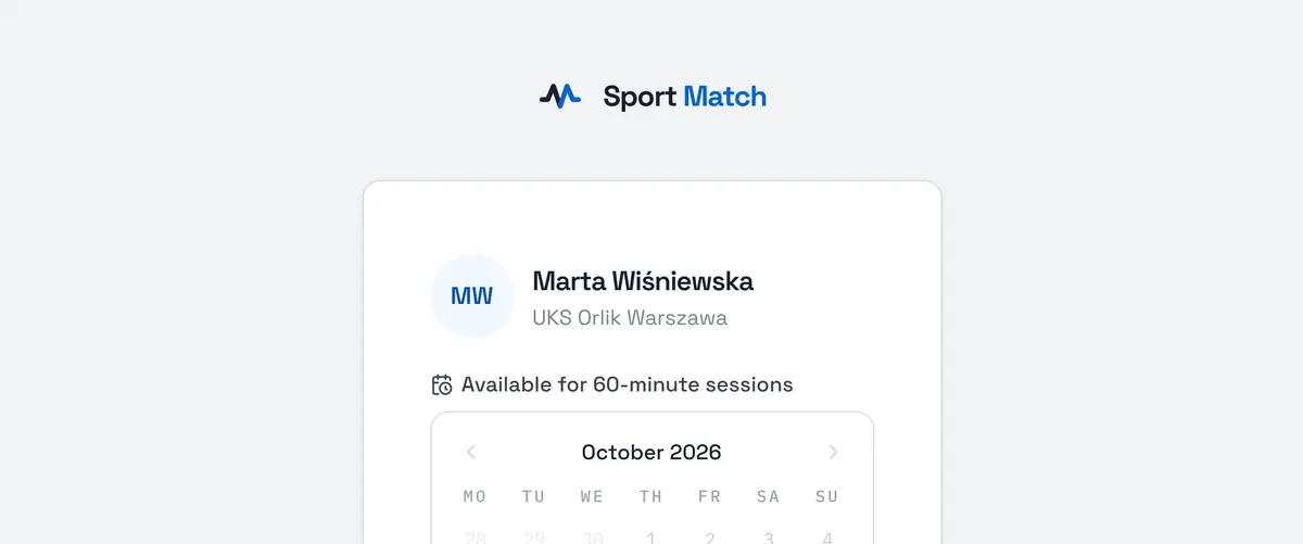 Sport Match screenshot: The widget shows your free times for the next two weeks. The visitor picks a day, a time and how long they want to train.
