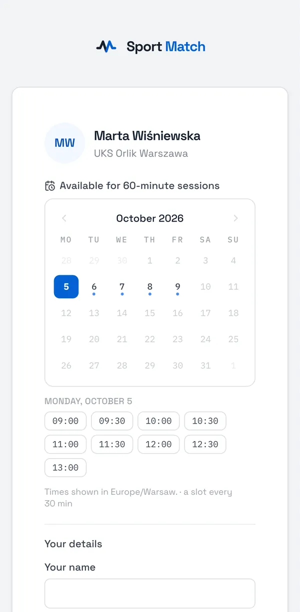 Sport Match screenshot: The widget shows your free times for the next two weeks. The visitor picks a day, a time and how long they want to train.