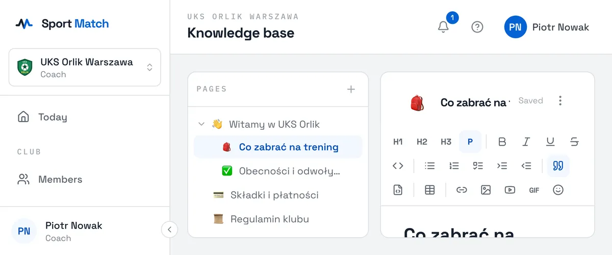 Sport Match screenshot: A knowledge base page in the editor, with its toolbar.