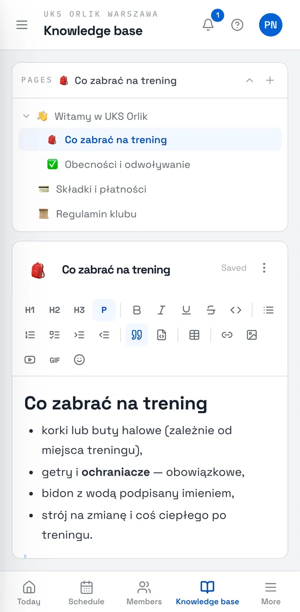Sport Match screenshot: A knowledge base page in the editor, with its toolbar.