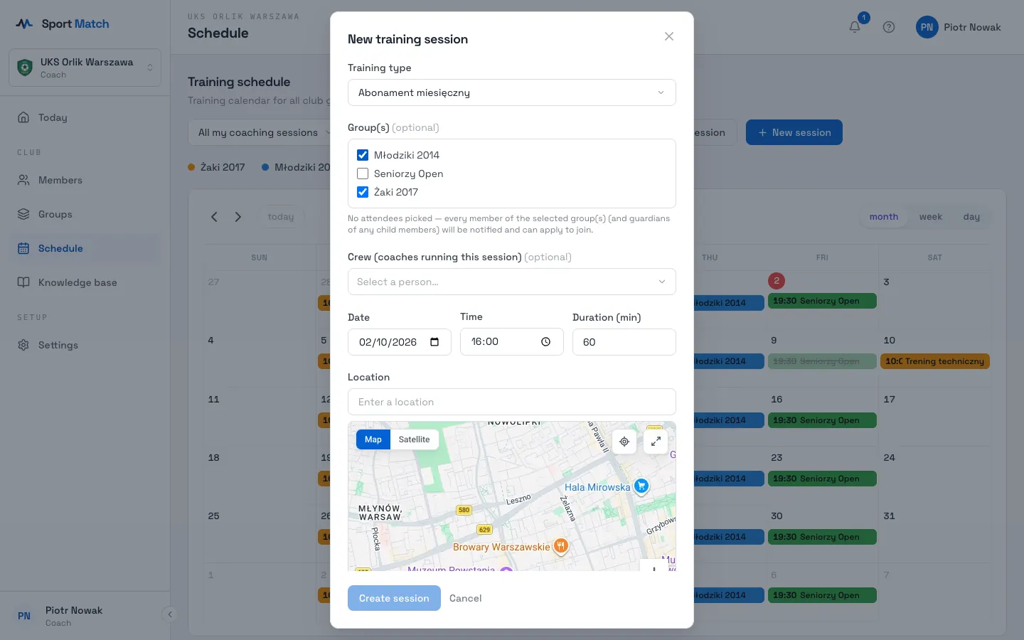 Sport Match screenshot: Tick one or more groups under Group(s) and leave Attendees empty. A note appears below the groups: every member of those groups (and the parents of children) is notified and can apply to join.