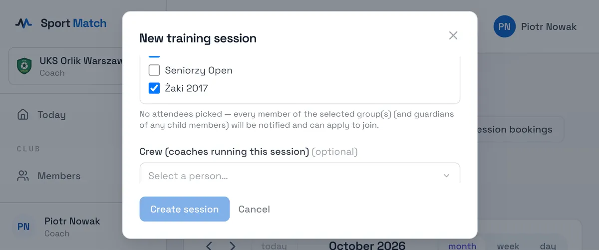 Sport Match screenshot: Tick one or more groups under Group(s) and leave Attendees empty. A note appears below the groups: every member of those groups (and the parents of children) is notified and can apply to join.