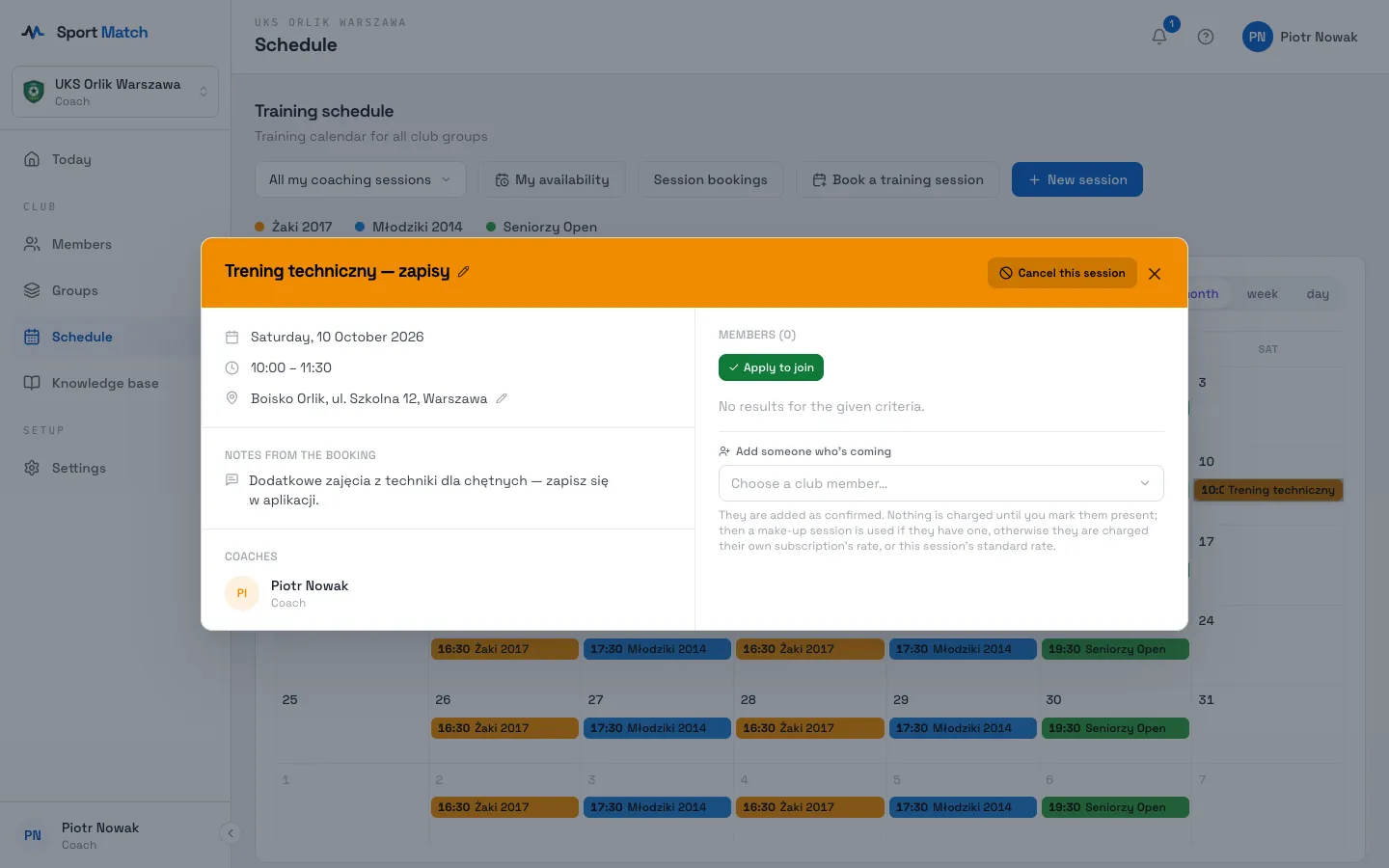 Sport Match screenshot: An open session in the schedule.