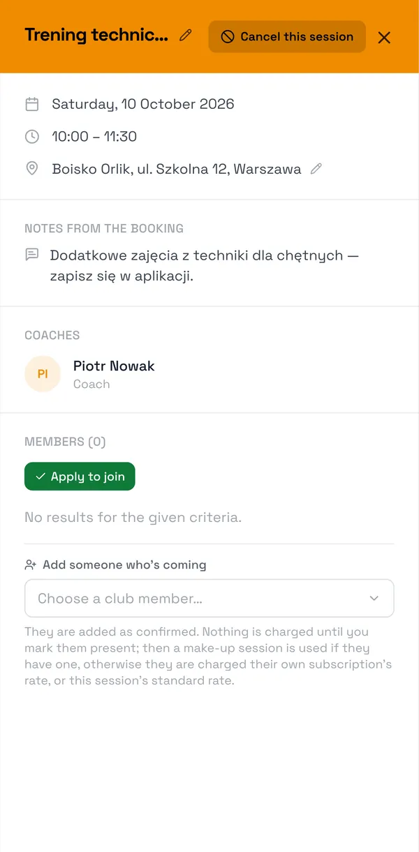 Sport Match screenshot: An open session in the schedule.