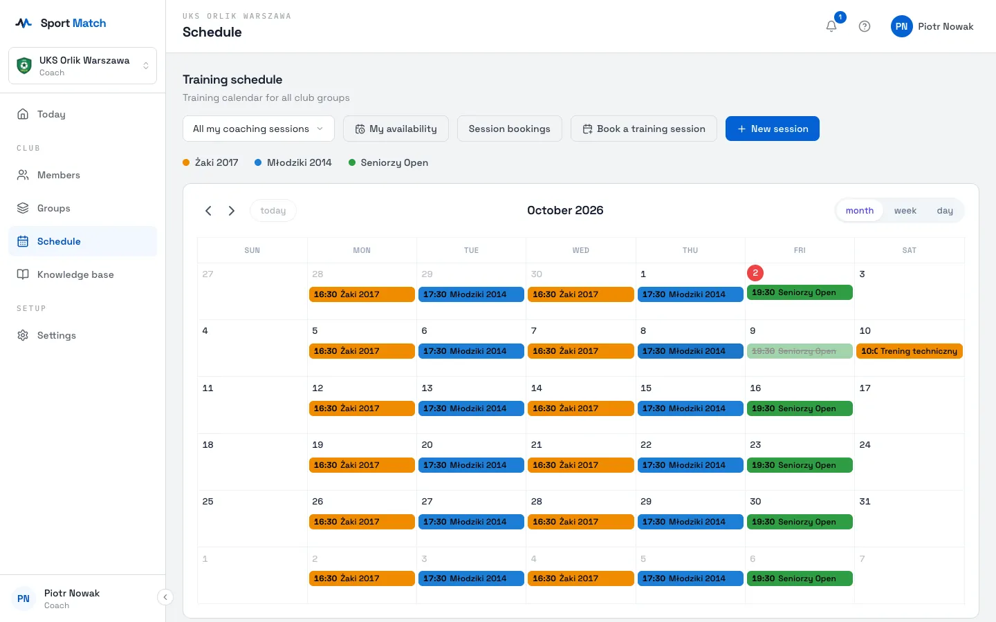 Sport Match screenshot: Open Schedule. At the top, choose what to show: All my coaching sessions (the default) or All club events.