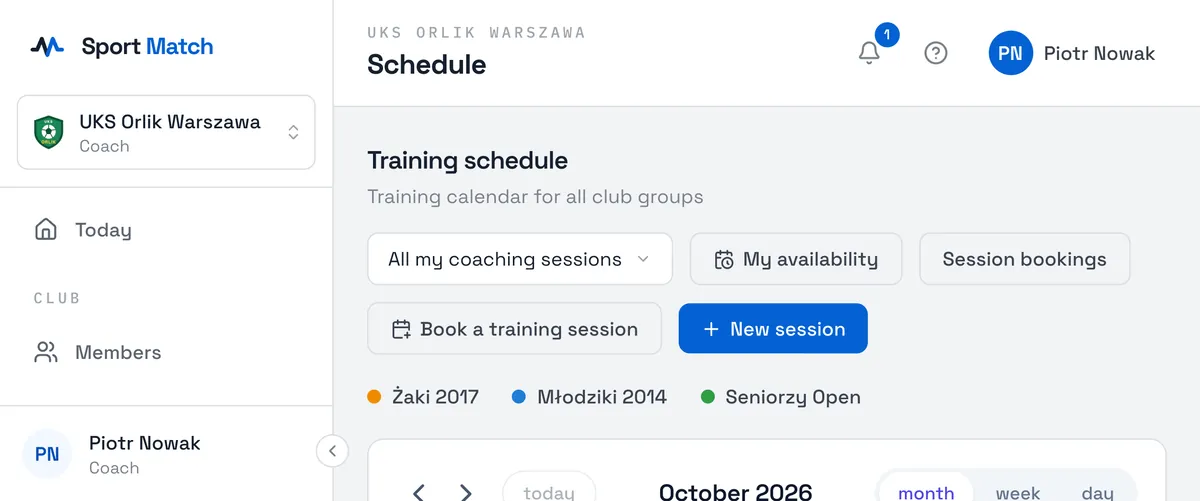 Sport Match screenshot: Open Schedule. At the top, choose what to show: All my coaching sessions (the default) or All club events.