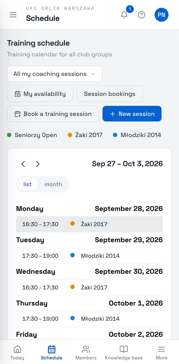 Sport Match screenshot: Open Schedule. At the top, choose what to show: All my coaching sessions (the default) or All club events.