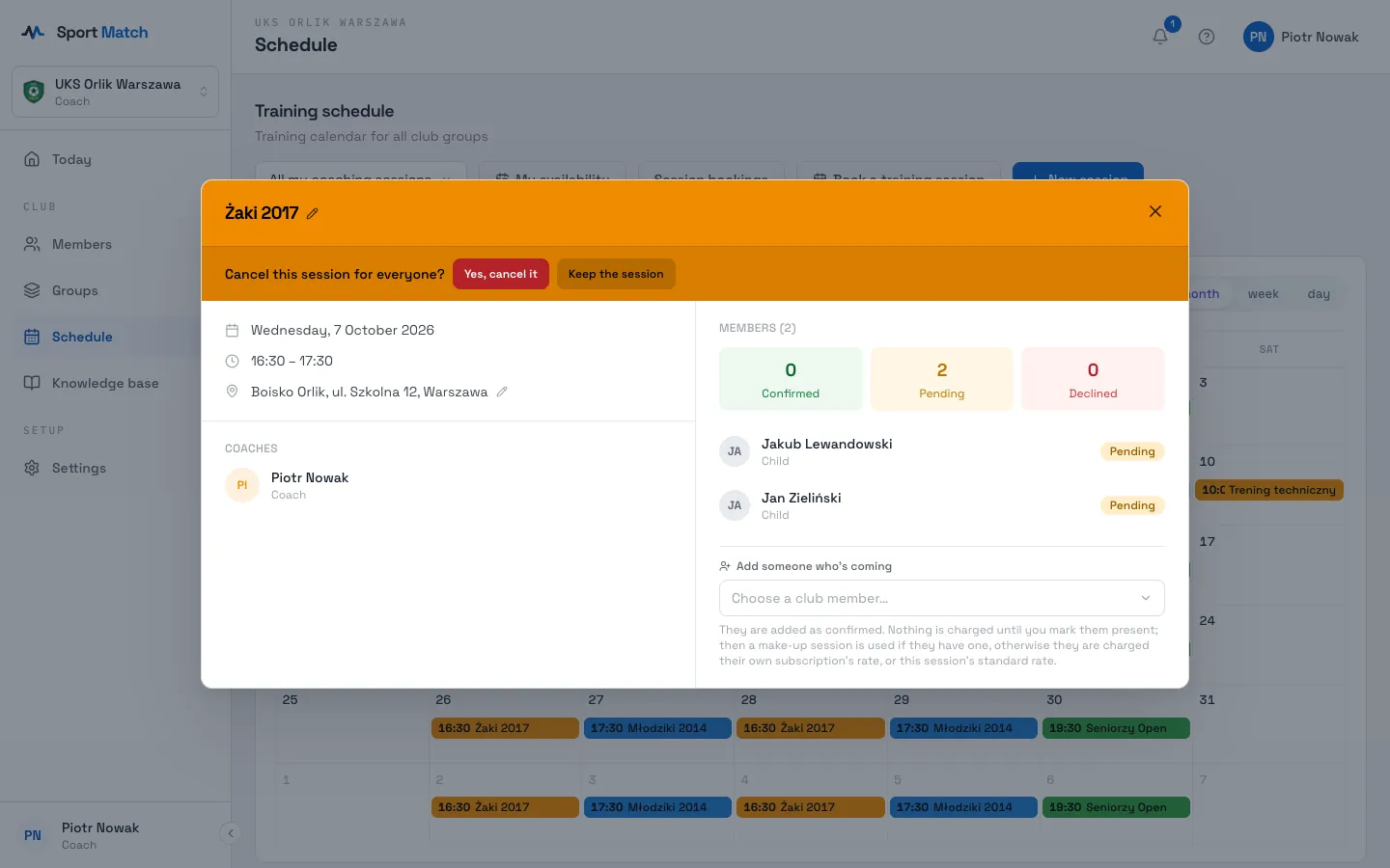 Sport Match screenshot: Answer Cancel this session for everyone? with Yes, cancel it. Attendees and the other coaches get a Training cancelled notification.