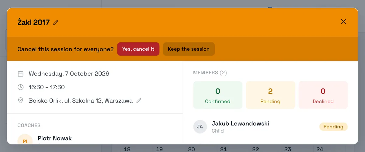 Sport Match screenshot: Answer Cancel this session for everyone? with Yes, cancel it. Attendees and the other coaches get a Training cancelled notification.