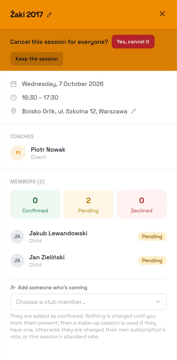 Sport Match screenshot: Answer Cancel this session for everyone? with Yes, cancel it. Attendees and the other coaches get a Training cancelled notification.