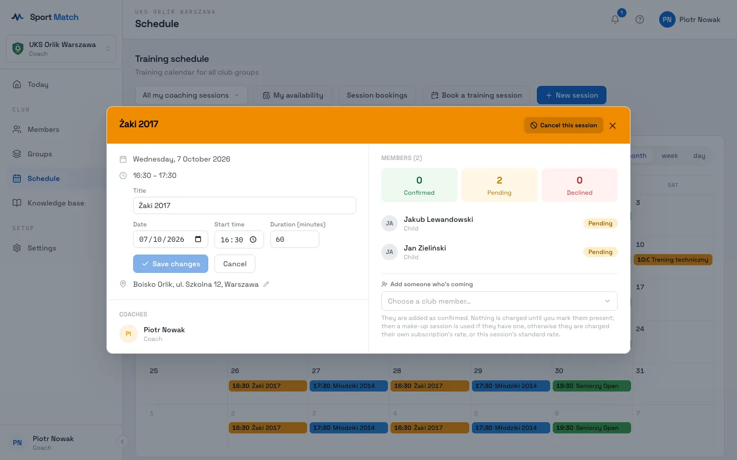 Sport Match screenshot: Change the Title, Date, Start time or Duration (minutes) and click Save changes.