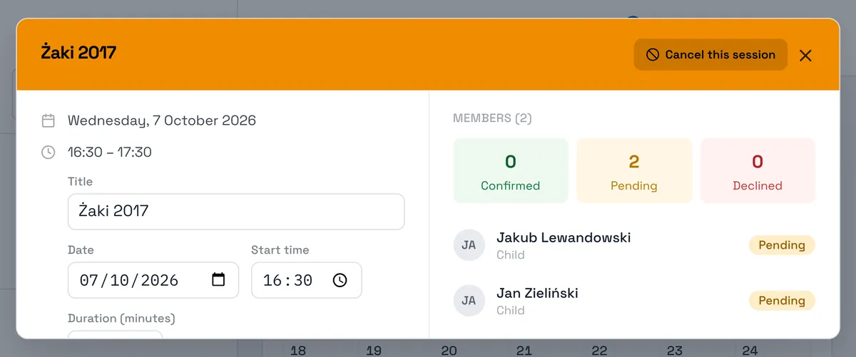 Sport Match screenshot: Change the Title, Date, Start time or Duration (minutes) and click Save changes.