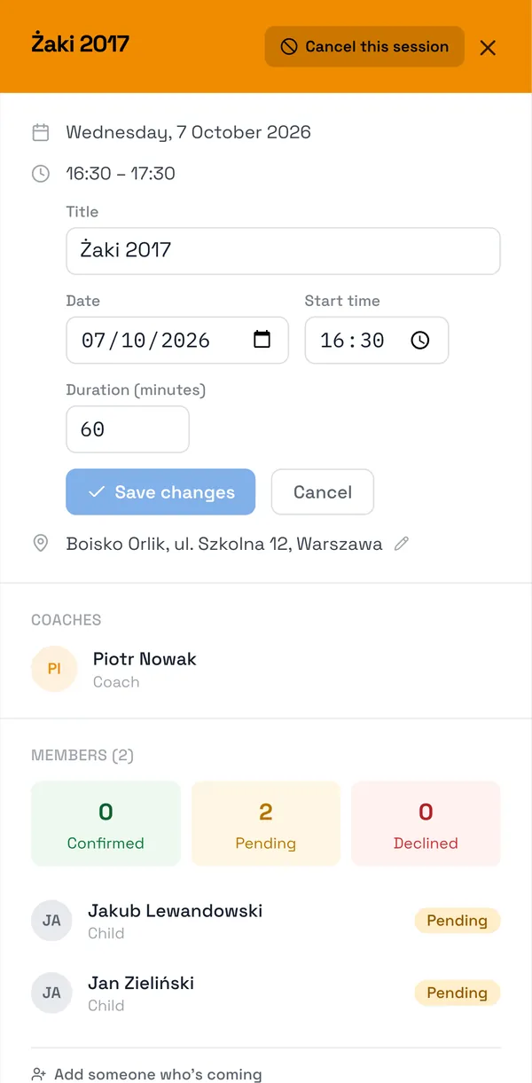 Sport Match screenshot: Change the Title, Date, Start time or Duration (minutes) and click Save changes.