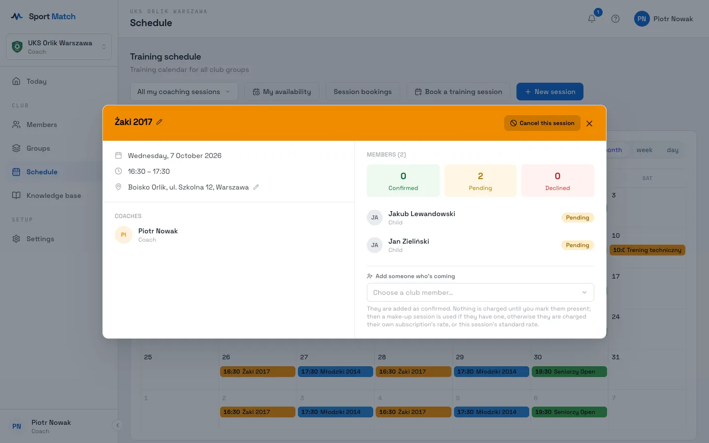 Sport Match screenshot: Click the session in the calendar. In the header, next to its name, is the pencil Edit date, time and duration.