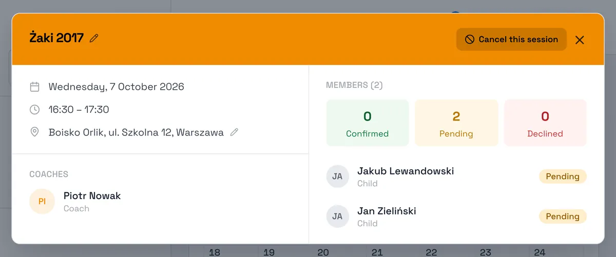 Sport Match screenshot: Click the session in the calendar. In the header, next to its name, is the pencil Edit date, time and duration.