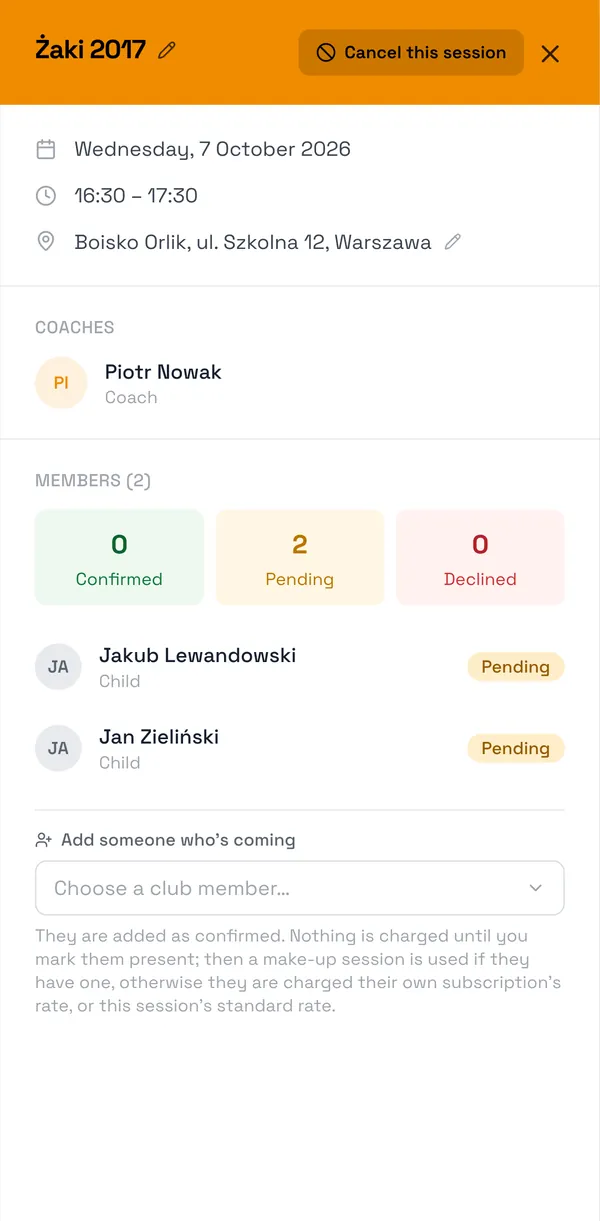 Sport Match screenshot: Click the session in the calendar. In the header, next to its name, is the pencil Edit date, time and duration.