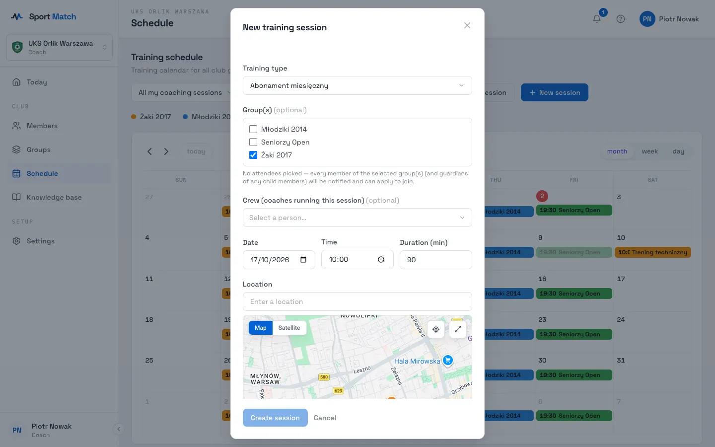 Sport Match screenshot: Pick a Training type — it decides what attendees pay. Tick Group(s) if the session is for a particular group.