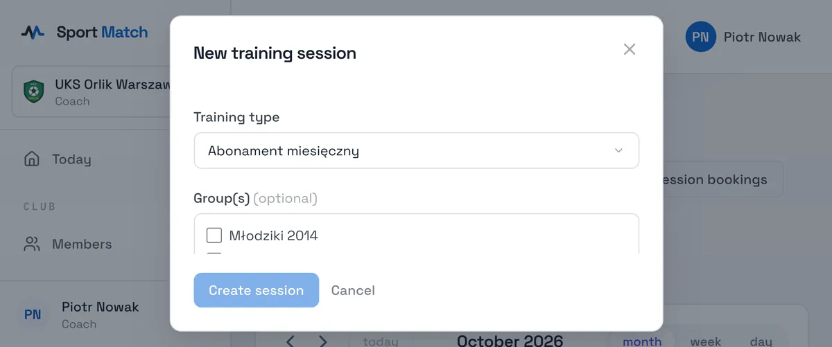 Sport Match screenshot: Pick a Training type — it decides what attendees pay. Tick Group(s) if the session is for a particular group.