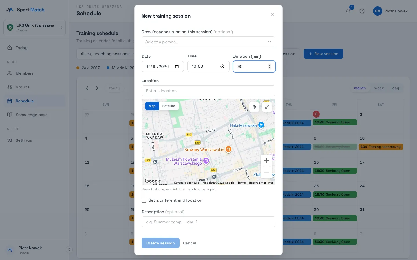 Sport Match screenshot: Set the Date, Time, Duration (min) and Location (if it ends somewhere else, tick Set a different end location). Add a Description, e.g. “Friendly match”.