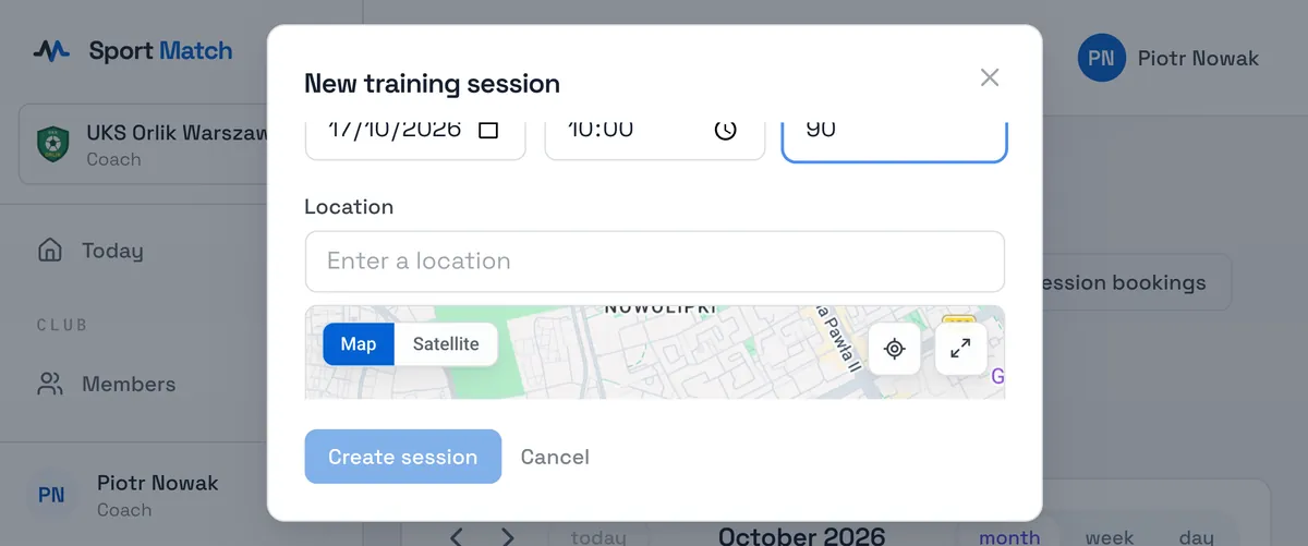 Sport Match screenshot: Set the Date, Time, Duration (min) and Location (if it ends somewhere else, tick Set a different end location). Add a Description, e.g. “Friendly match”.