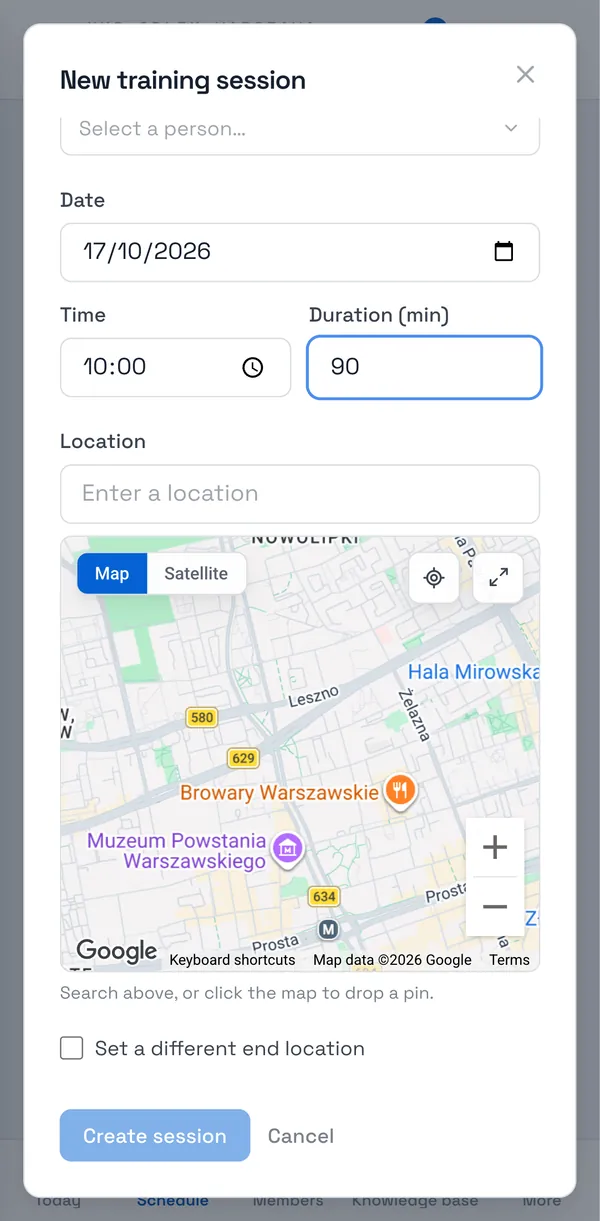 Sport Match screenshot: Set the Date, Time, Duration (min) and Location (if it ends somewhere else, tick Set a different end location). Add a Description, e.g. “Friendly match”.