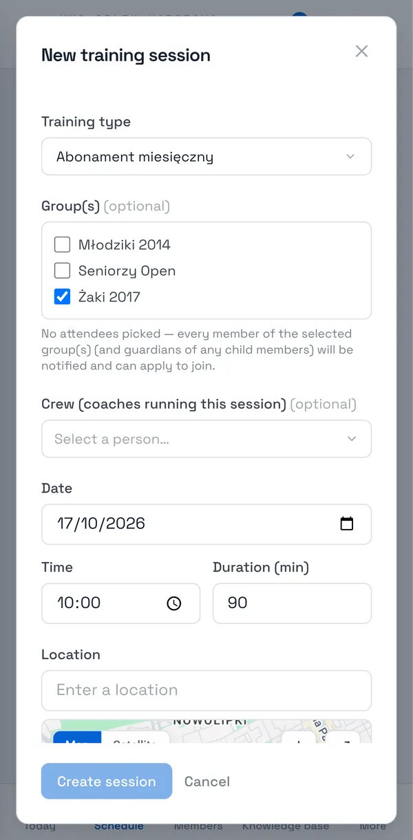 Sport Match screenshot: Pick a Training type — it decides what attendees pay. Tick Group(s) if the session is for a particular group.
