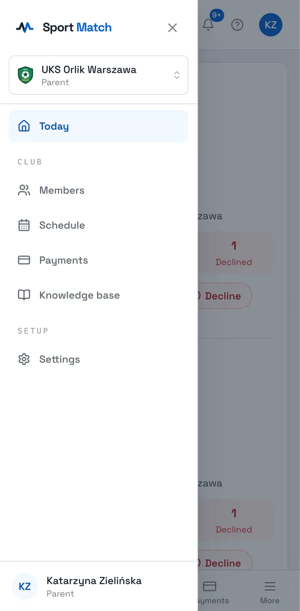 Sport Match screenshot: On a computer the menu runs down the left: Today, Members, Schedule, Payments, Knowledge base and Settings. The arrow at its bottom edge collapses it.