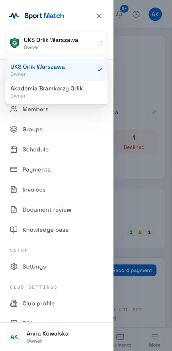 Sport Match screenshot: The list of your clubs, with your role in each.