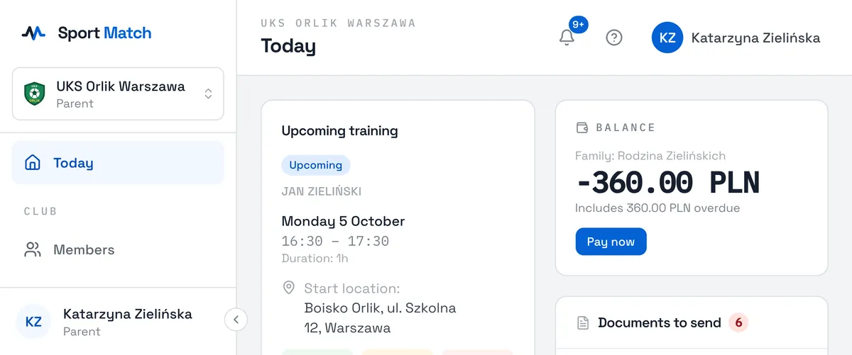 Sport Match screenshot: The Today screen of a parent of two.