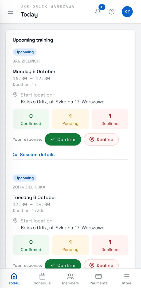 Sport Match screenshot: The Today screen of a parent of two.