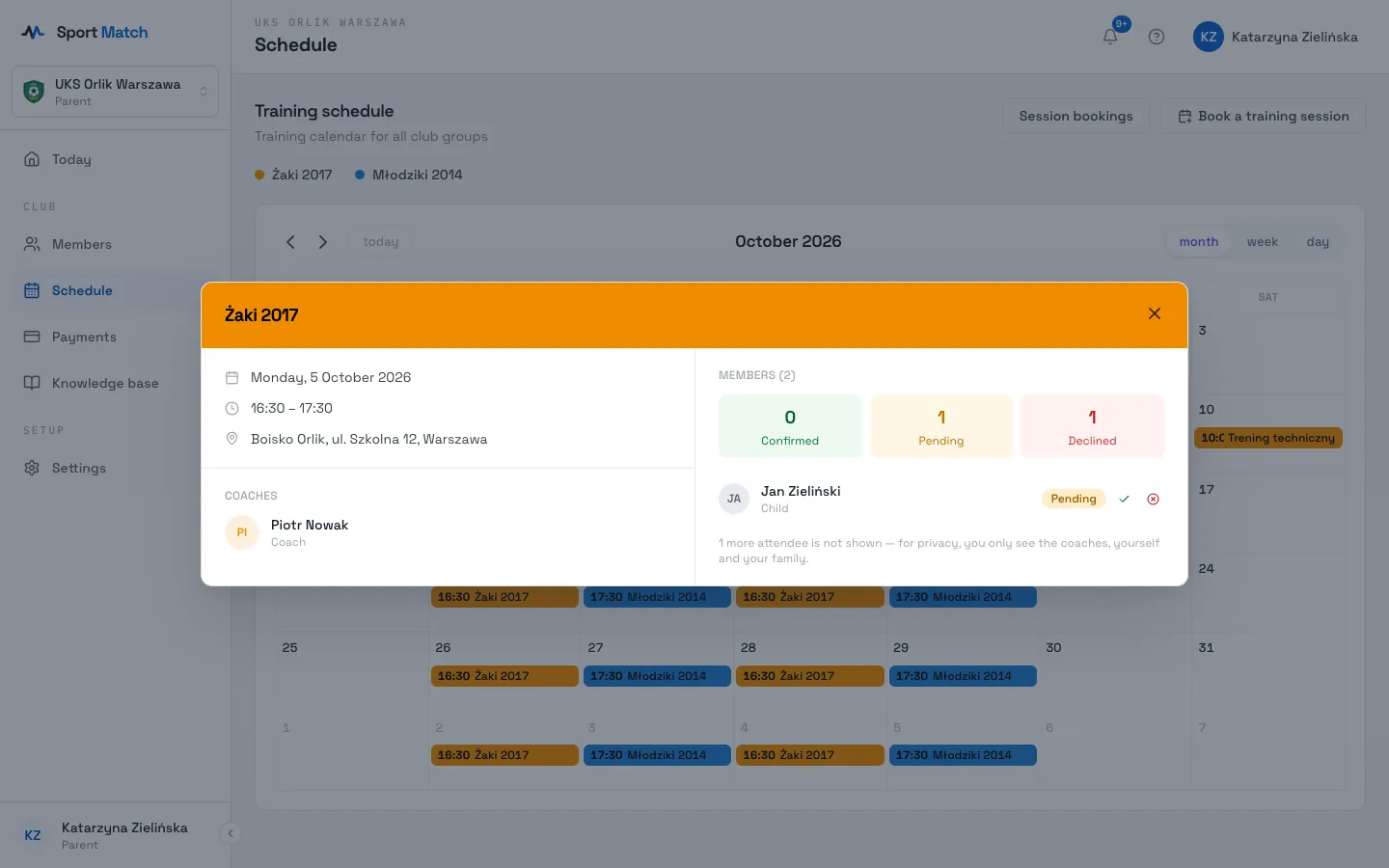 Sport Match screenshot: You can also answer from the schedule: open the session and, next to your name (or your child’s), click ✓ to confirm or ✕ to decline. When several of your children are on the same session you also get Confirm all and Decline all.
