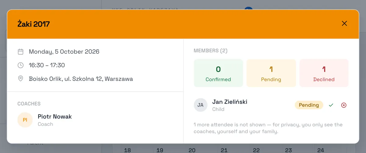 Sport Match screenshot: You can also answer from the schedule: open the session and, next to your name (or your child’s), click ✓ to confirm or ✕ to decline. When several of your children are on the same session you also get Confirm all and Decline all.