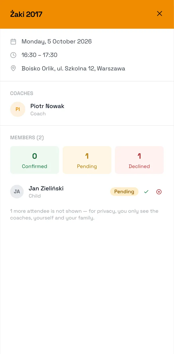 Sport Match screenshot: You can also answer from the schedule: open the session and, next to your name (or your child’s), click ✓ to confirm or ✕ to decline. When several of your children are on the same session you also get Confirm all and Decline all.